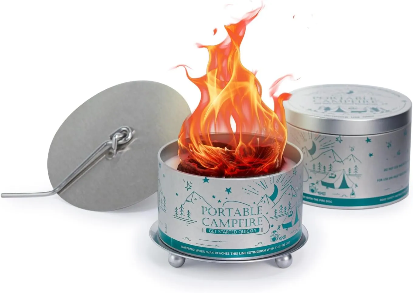 Portable Campfire, Holder and Extinguish Included, Reusable Fire Pit for Camping, Smores, Picnics - Made with Recycled Soy Wax Up to 3-5 Hours Burn Time - Tabletop Fireplace, Emergency Heat - 2 Pack