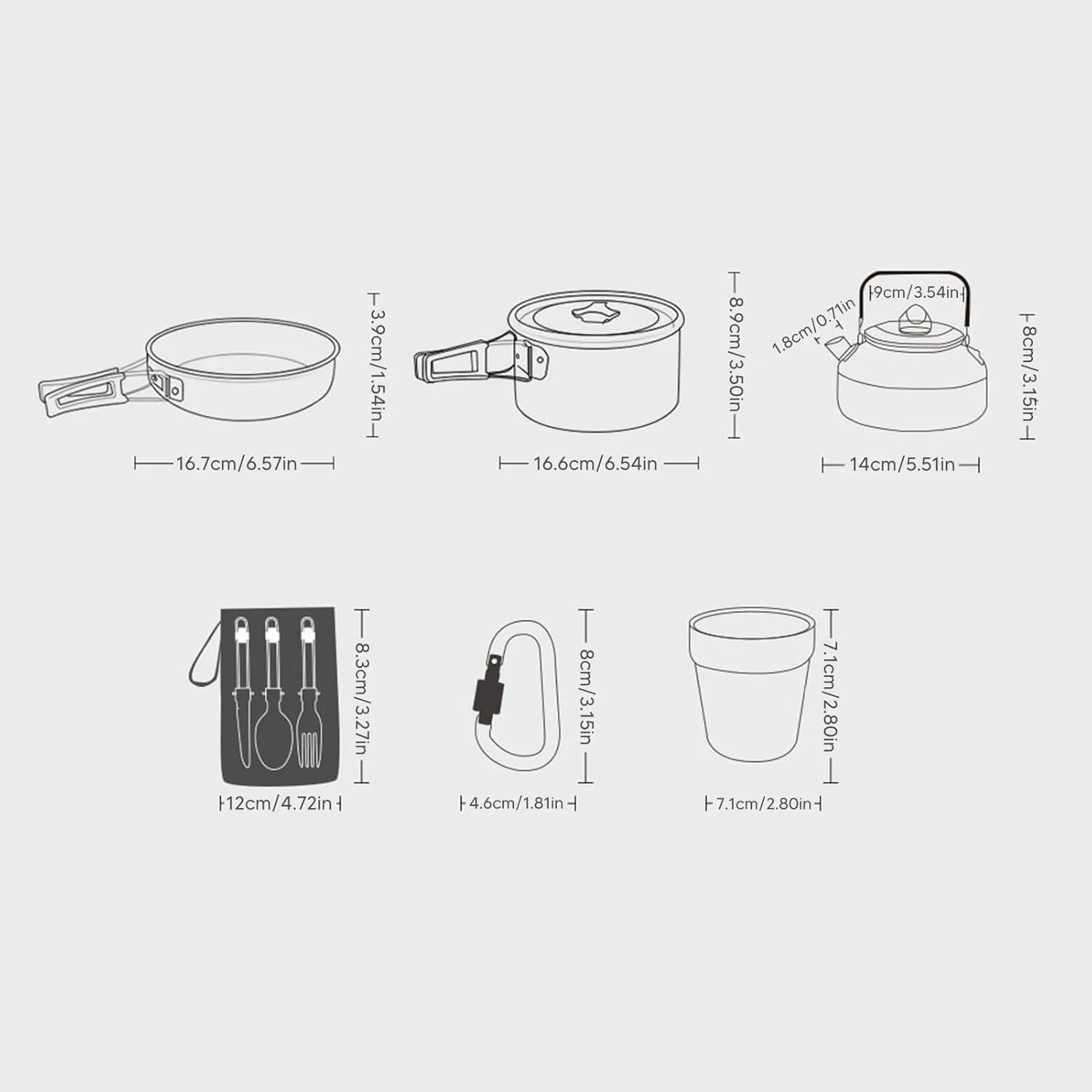 Portable Camping Cookware Mess Kit for Backpacking, Lightweight and Compact, Self Rebounding Handle Pots and Pans, Hard Oxidized Aluminum Material, to Carry and Store,
