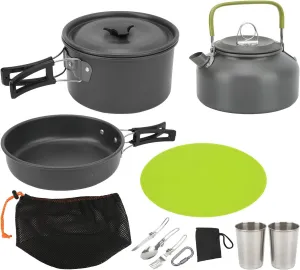 Portable Camping Cookware Mess Kit, Lightweight and Compact for Backpacking, with Folding Cutlery Set, Non Stick Pots Pans Teapot, Easy to Carry and Store, Hard Oxidized Aluminum