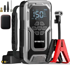 Portable Car Jump Starter with Air Compressor, 5000A 150PSI Car Battery Jump Starter (All Gas/10.0L Diesel Engines), 12V Pack Jump Box Portable with, Digital Display, Power Bank,Smart Jumper Cable