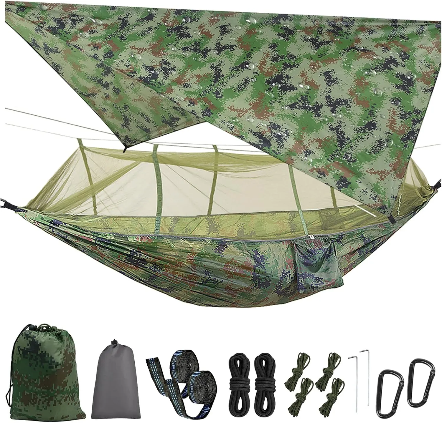 Portable Double Camping Hammock,2 Person Nylon Parachute Hammock with Mos-Quito Net Outdoor Hammocks Tent with Waterproof Rainfly Awning for Outdoors Camping Backpacking Hiking Travel