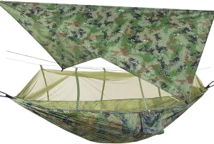 Portable Double Camping Hammock,2 Person Nylon Parachute Hammock with Mos-Quito Net Outdoor Hammocks Tent with Waterproof Rainfly Awning for Outdoors Camping Backpacking Hiking Travel