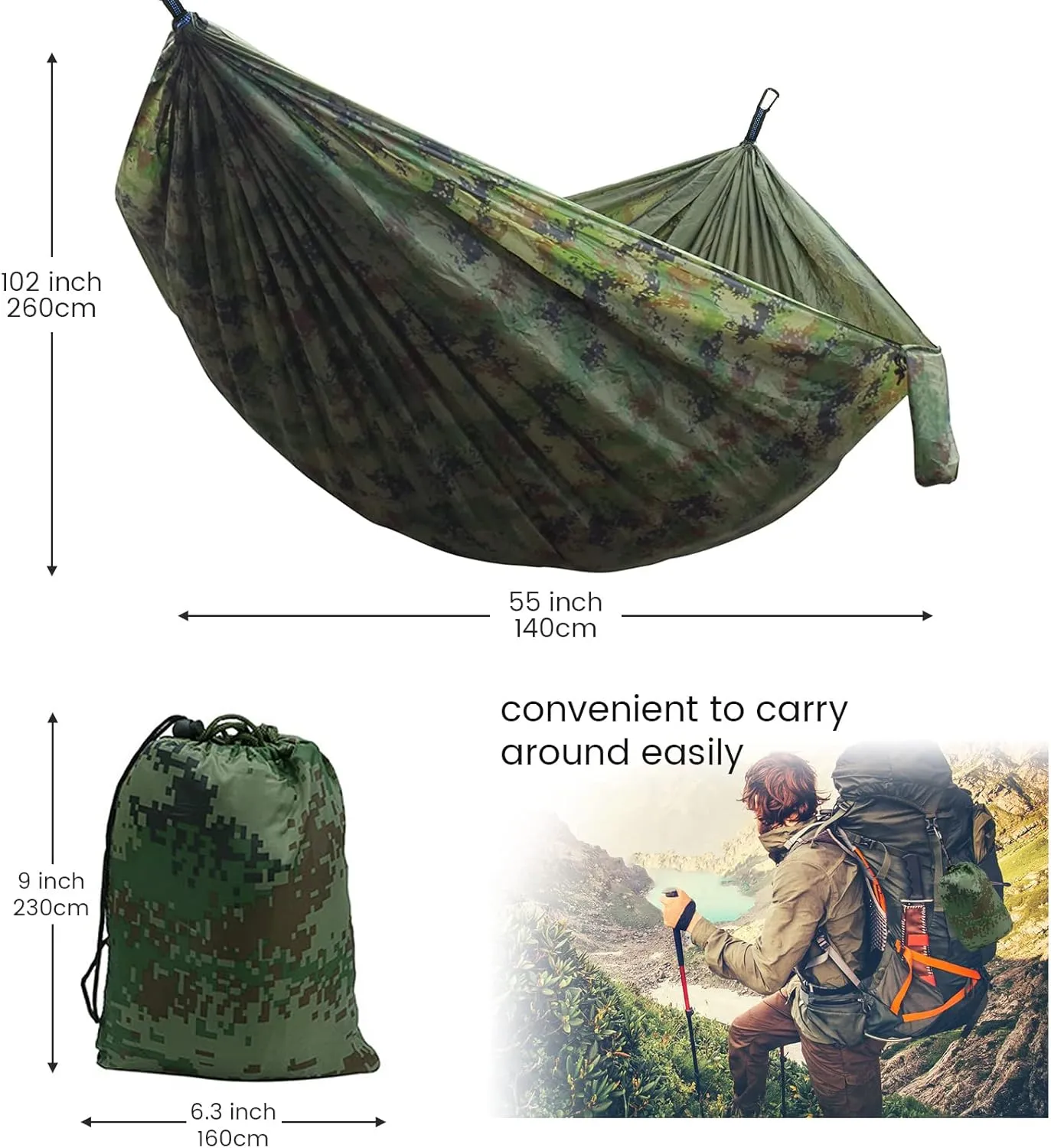 Portable Double Camping Hammock,2 Person Nylon Parachute Hammock with Mos-Quito Net Outdoor Hammocks Tent with Waterproof Rainfly Awning for Outdoors Camping Backpacking Hiking Travel