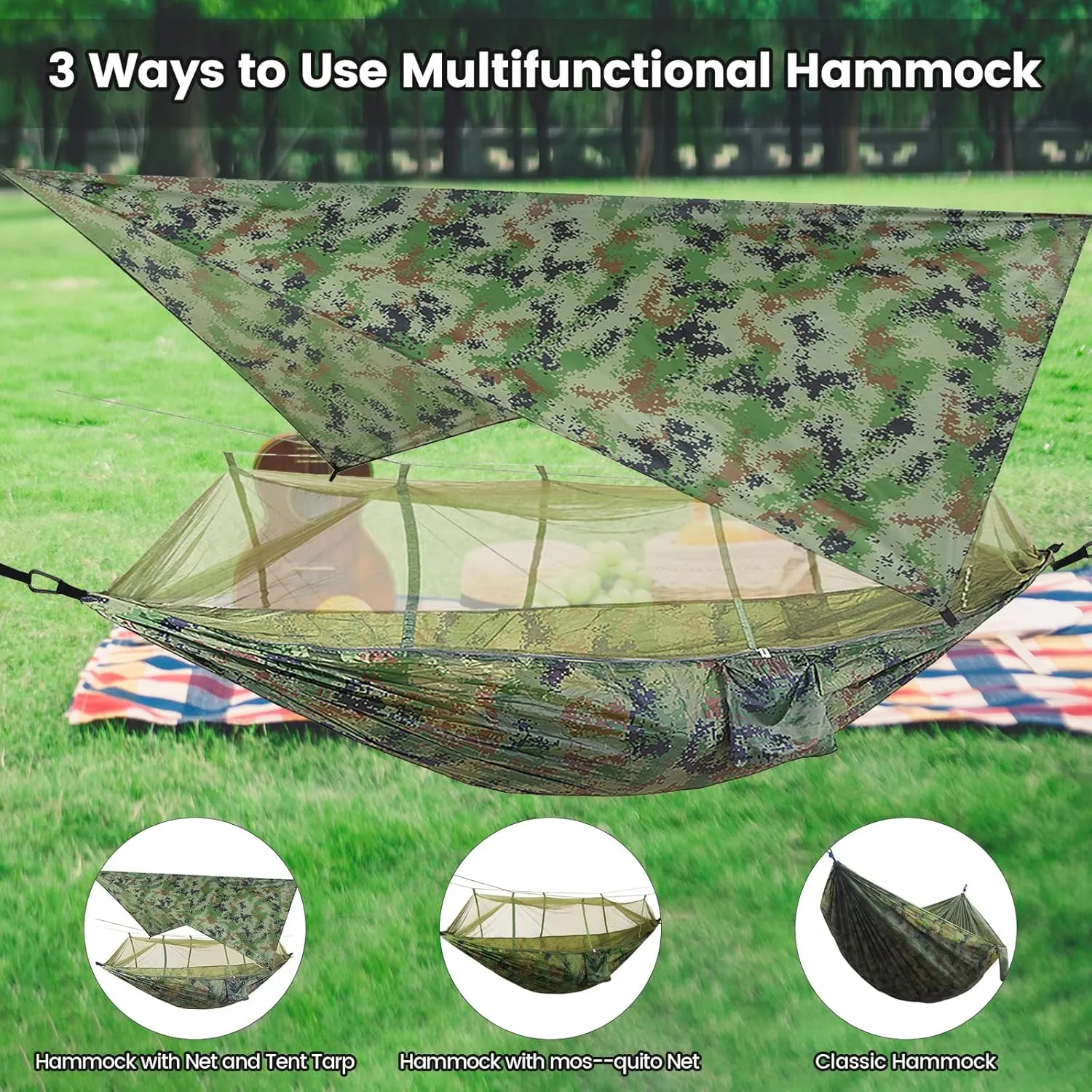 Portable Double Camping Hammock,2 Person Nylon Parachute Hammock with Mos-Quito Net Outdoor Hammocks Tent with Waterproof Rainfly Awning for Outdoors Camping Backpacking Hiking Travel
