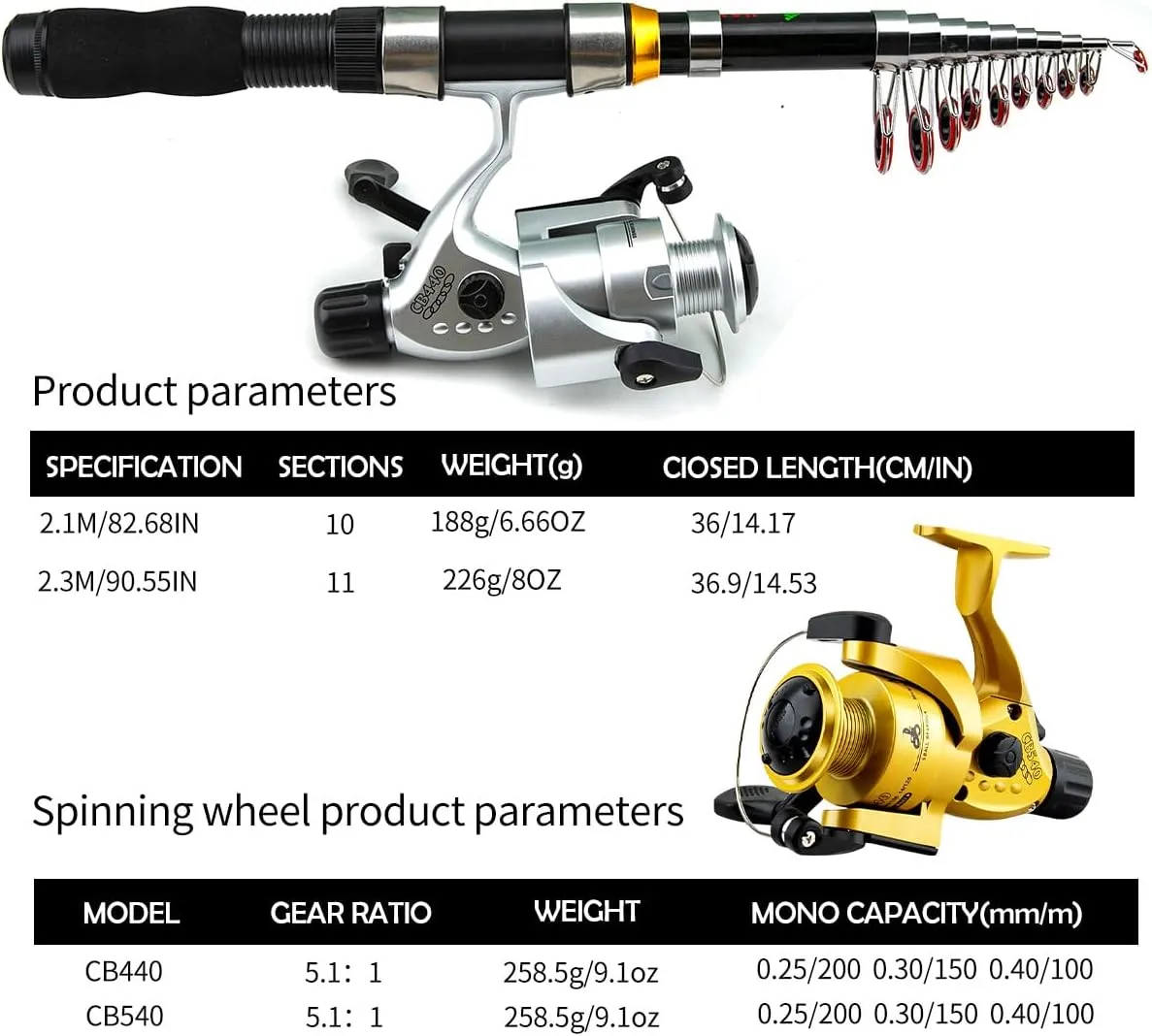 Portable Fishing Rod and Reel Set, Telescopic Casting Rod with Line and Hooks, Saltwater Fishing