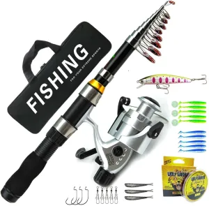 Portable Fishing Rod and Reel Set, Telescopic Casting Rod with Line and Hooks, Saltwater Fishing