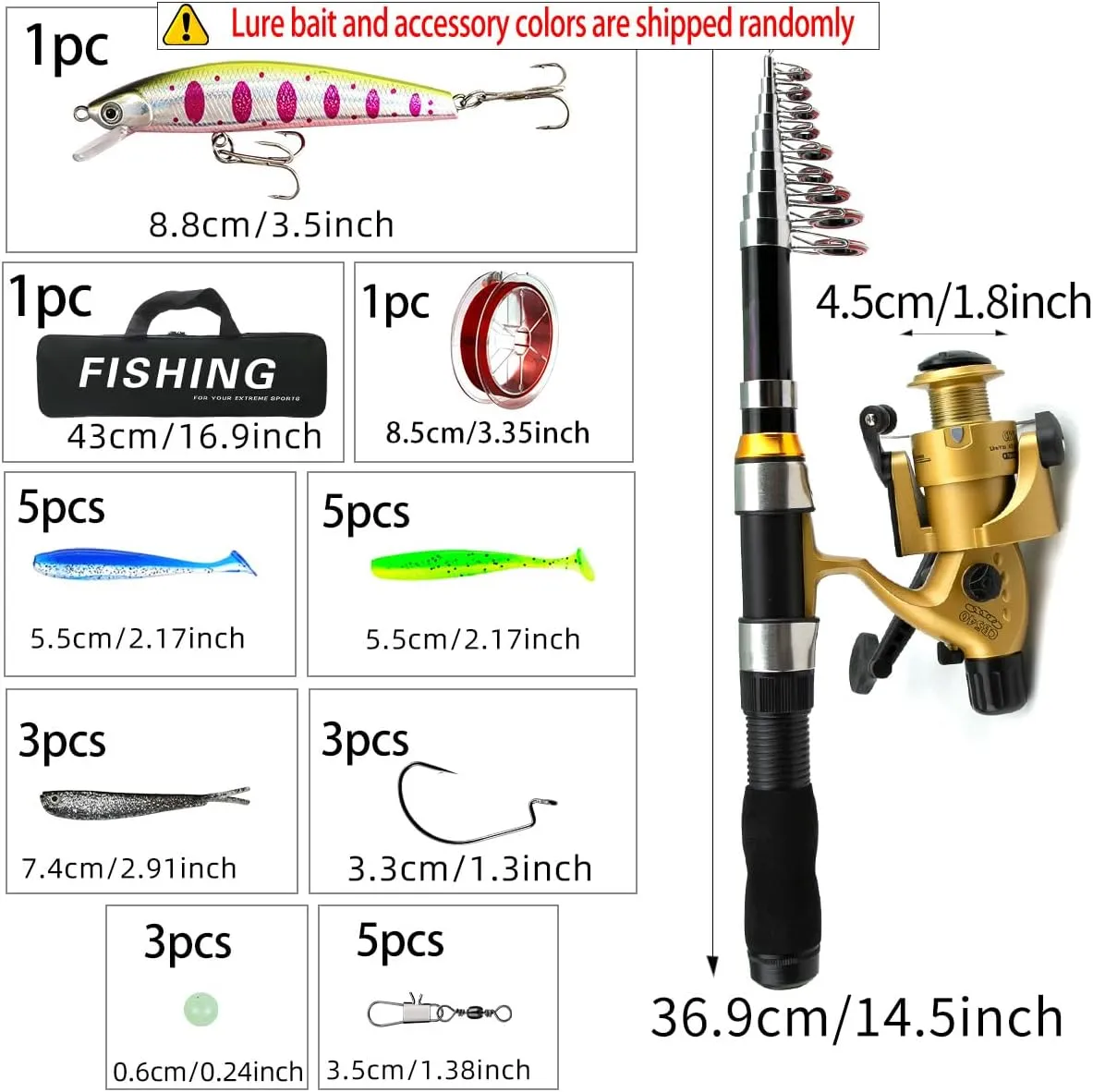 Portable Fishing Rod and Reel Set, Telescopic Casting Rod with Line and Hooks, Saltwater Fishing