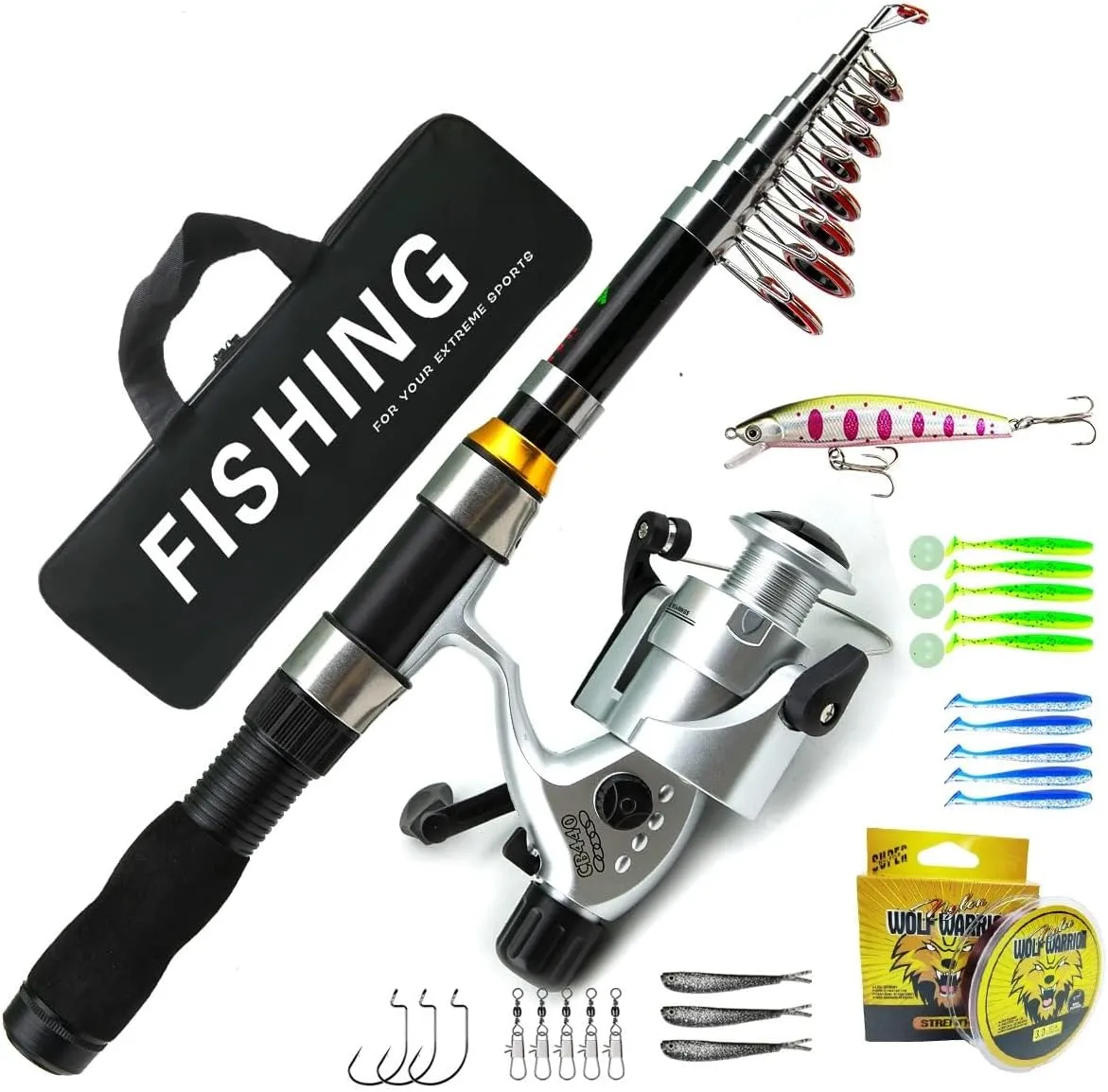 Portable Fishing Rod and Reel Set, Telescopic Casting Rod with Line and Hooks, Saltwater Fishing