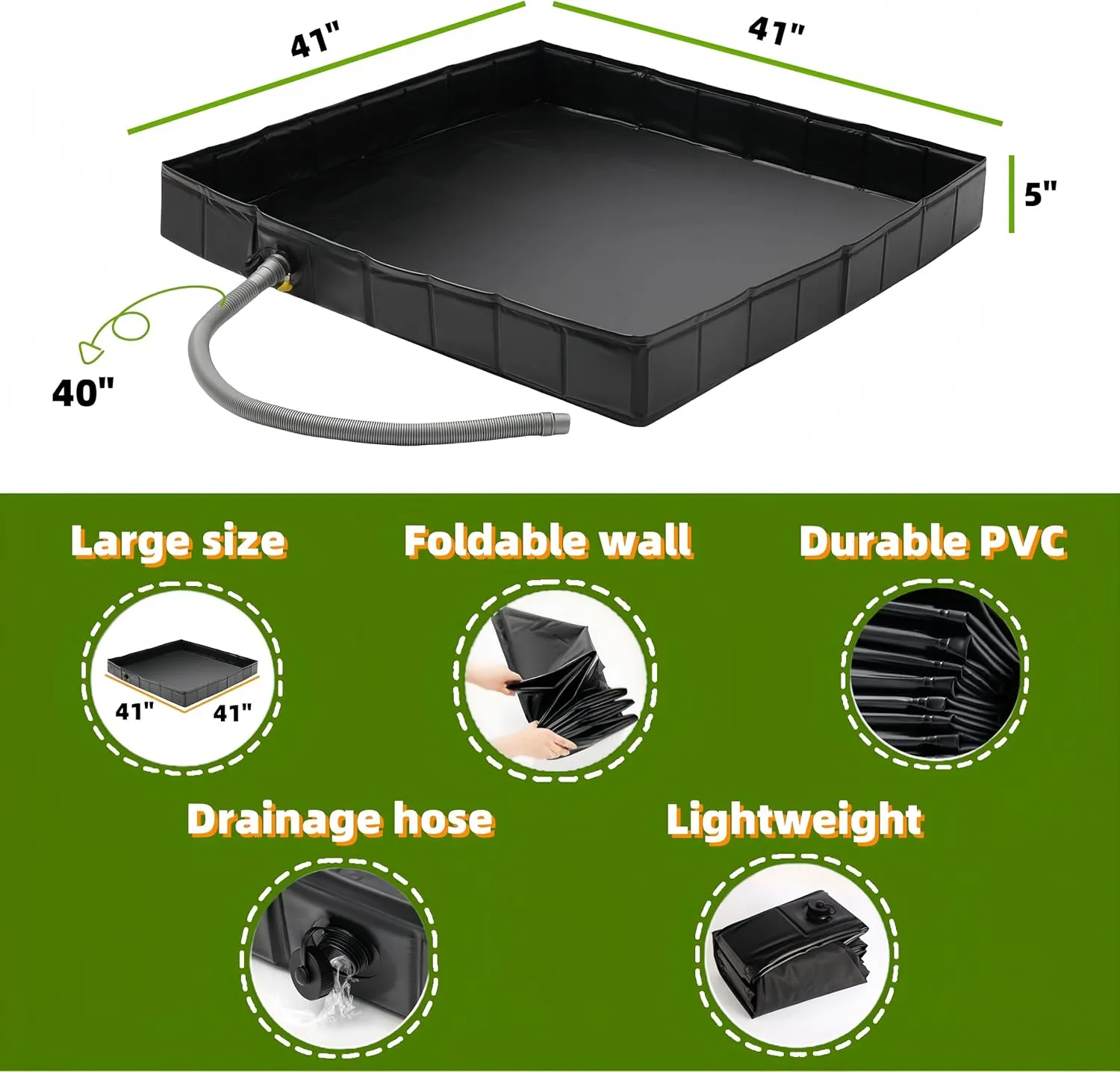 Portable Shower Pan, 41" x 41" x 5" Foldable Outdoor Camping Shower Stall Base with Drain, Ideal for RV Shower Tent Awning Enclosure