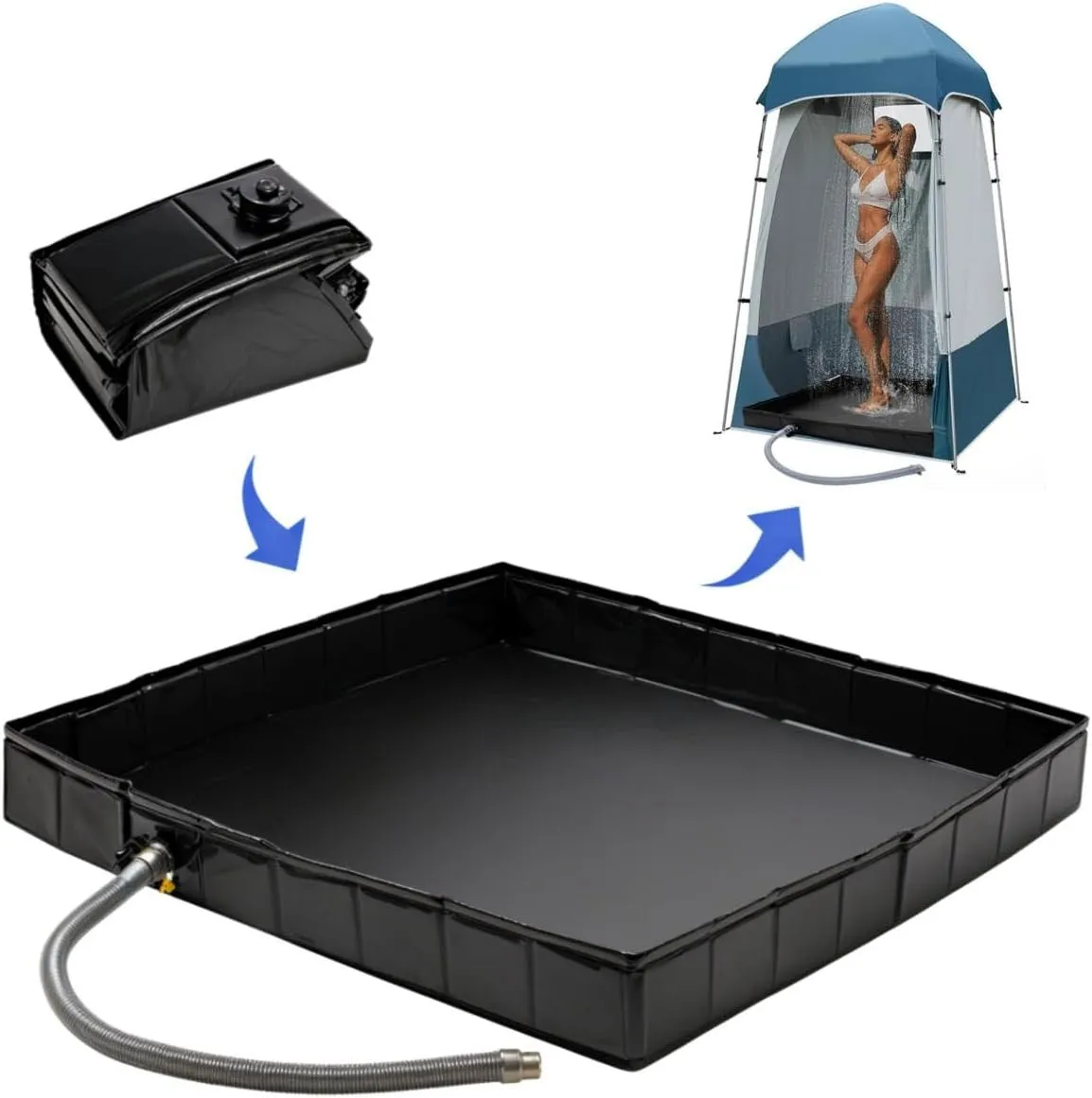 Portable Shower Pan, 41" x 41" x 5" Foldable Outdoor Camping Shower Stall Base with Drain, Ideal for RV Shower Tent Awning Enclosure