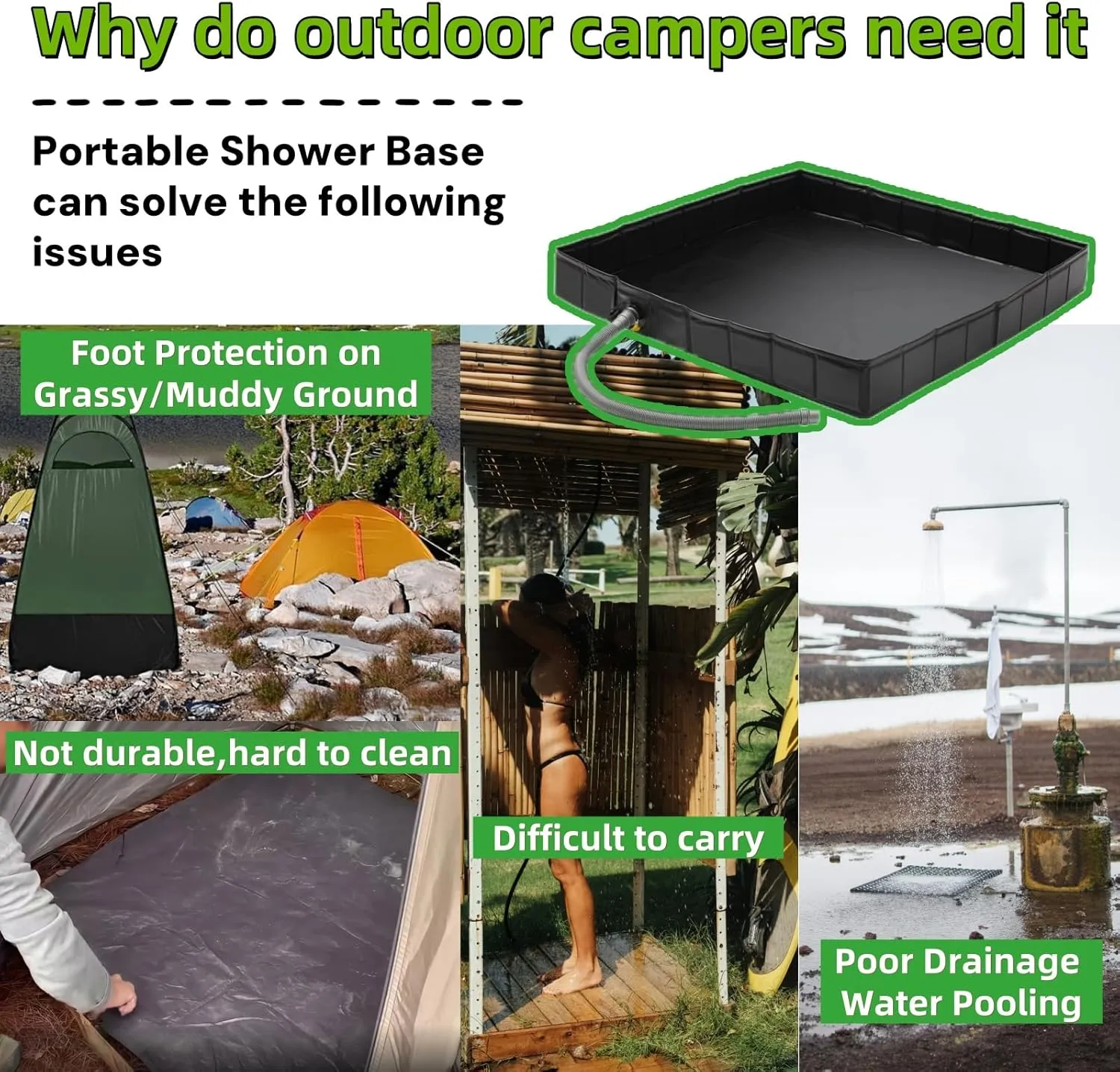 Portable Shower Pan, 41" x 41" x 5" Foldable Outdoor Camping Shower Stall Base with Drain, Ideal for RV Shower Tent Awning Enclosure