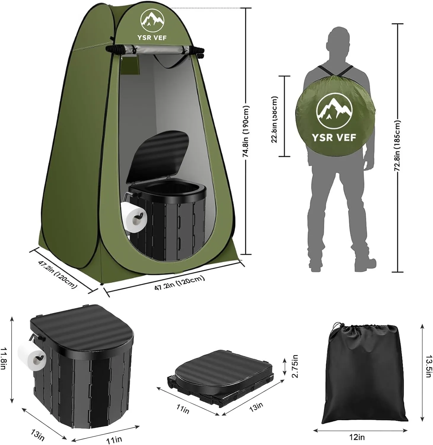 Portable Toilet Kit, Camping Toilet with Pop-Up Privacy Tent and Poo Gel Toilet Bags, Washable Portable Outdoor Showers Changing Rooms