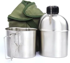 Portable Water Bottle, Stainless Steel Water Bottles - Your Essential Outdoor Companion for Camping, Hiking, and Travel,Steel Water Bottle,Includes Handy Green Carry Bag and Cup(0.8QT)