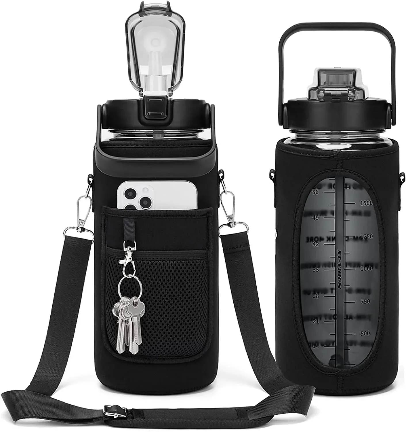 Premium 2L Water Bottle Sleeve with Pop-Up Straw – Leakproof Half Gallon Jug, Insulated Holder, Storage Pockets for Phone, Cards & Keys, Ideal for Gym, Workout & Sports