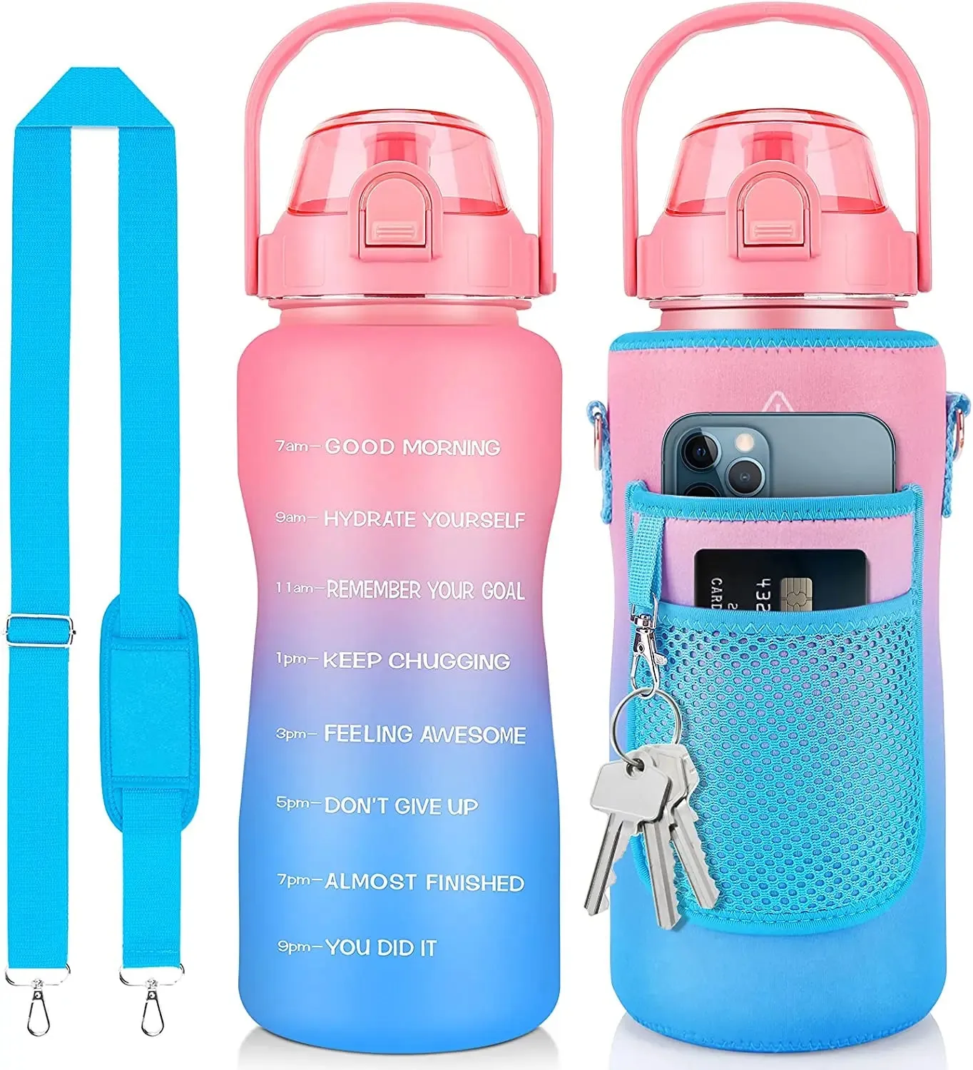 Premium 2L Water Bottle Sleeve with Pop-Up Straw – Leakproof Half Gallon Jug, Insulated Holder, Storage Pockets for Phone, Cards & Keys, Ideal for Gym, Workout & Sports