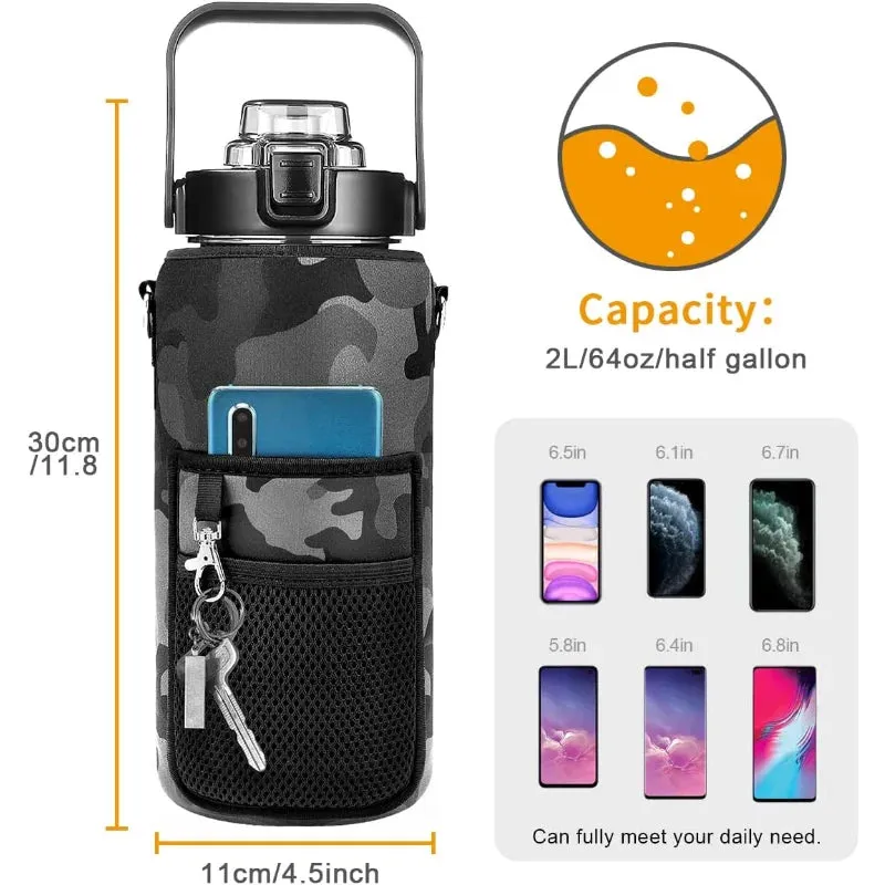 Premium 2L Water Bottle Sleeve with Pop-Up Straw – Leakproof Half Gallon Jug, Insulated Holder, Storage Pockets for Phone, Cards & Keys, Ideal for Gym, Workout & Sports