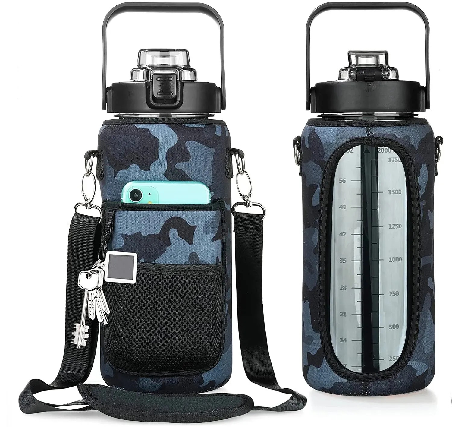 Premium 2L Water Bottle Sleeve with Pop-Up Straw – Leakproof Half Gallon Jug, Insulated Holder, Storage Pockets for Phone, Cards & Keys, Ideal for Gym, Workout & Sports
