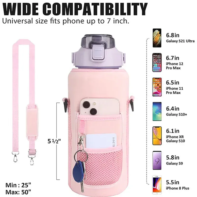 Premium 2L Water Bottle Sleeve with Pop-Up Straw – Leakproof Half Gallon Jug, Insulated Holder, Storage Pockets for Phone, Cards & Keys, Ideal for Gym, Workout & Sports