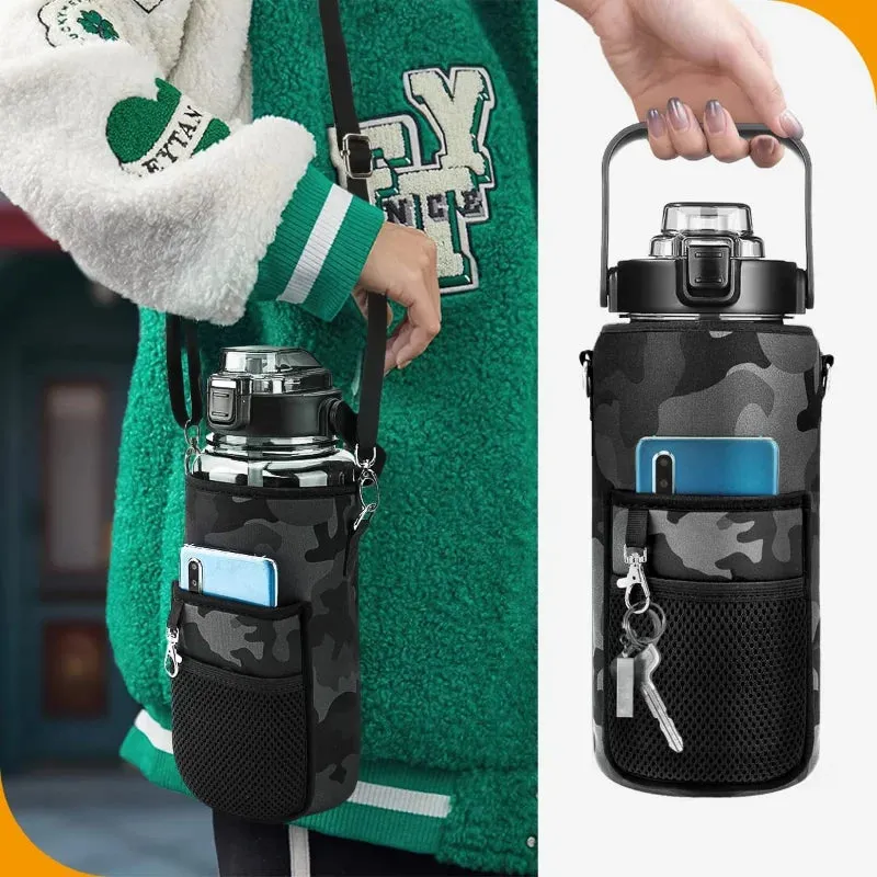 Premium 2L Water Bottle Sleeve with Pop-Up Straw – Leakproof Half Gallon Jug, Insulated Holder, Storage Pockets for Phone, Cards & Keys, Ideal for Gym, Workout & Sports