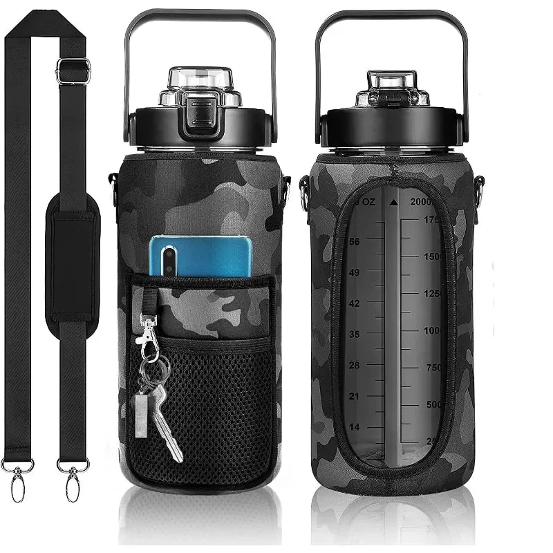 Premium 2L Water Bottle Sleeve with Pop-Up Straw – Leakproof Half Gallon Jug, Insulated Holder, Storage Pockets for Phone, Cards & Keys, Ideal for Gym, Workout & Sports