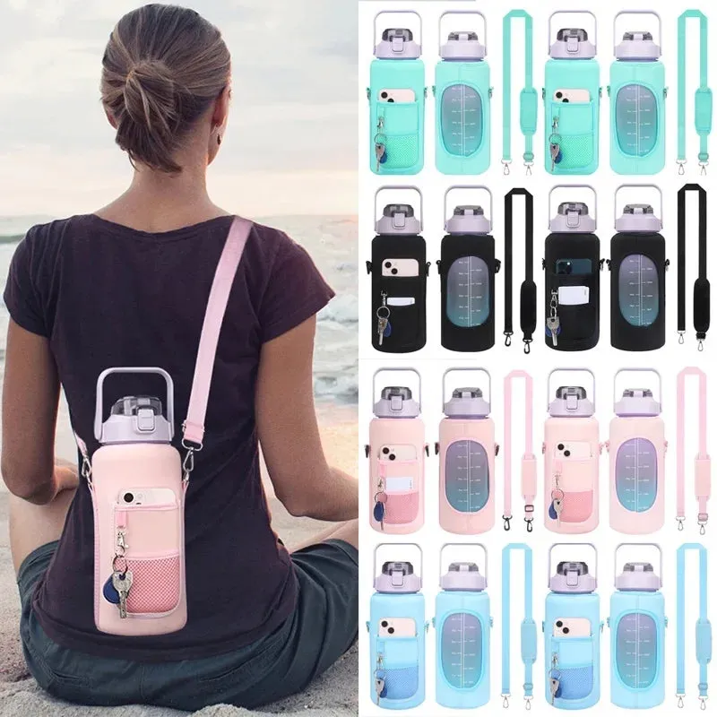 Premium 2L Water Bottle Sleeve with Pop-Up Straw – Leakproof Half Gallon Jug, Insulated Holder, Storage Pockets for Phone, Cards & Keys, Ideal for Gym, Workout & Sports
