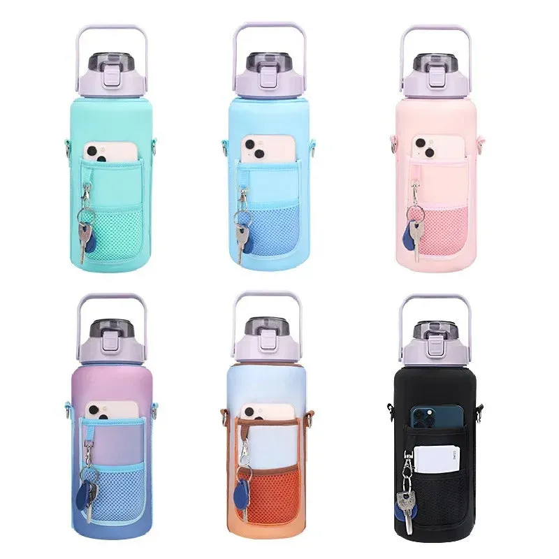 Premium 2L Water Bottle Sleeve with Pop-Up Straw – Leakproof Half Gallon Jug, Insulated Holder, Storage Pockets for Phone, Cards & Keys, Ideal for Gym, Workout & Sports