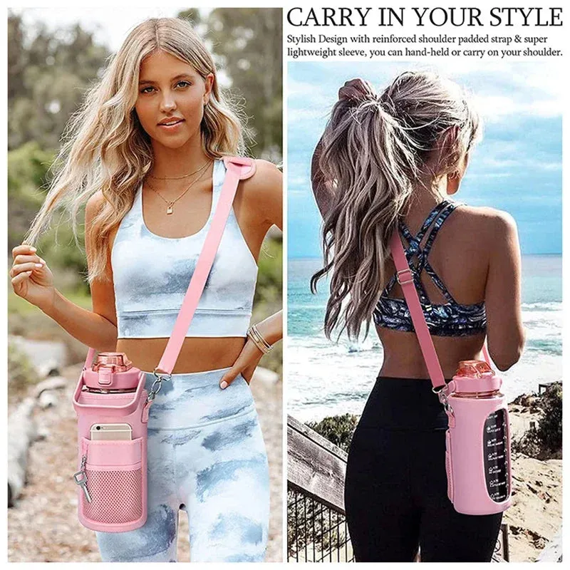 Premium 2L Water Bottle Sleeve with Pop-Up Straw – Leakproof Half Gallon Jug, Insulated Holder, Storage Pockets for Phone, Cards & Keys, Ideal for Gym, Workout & Sports