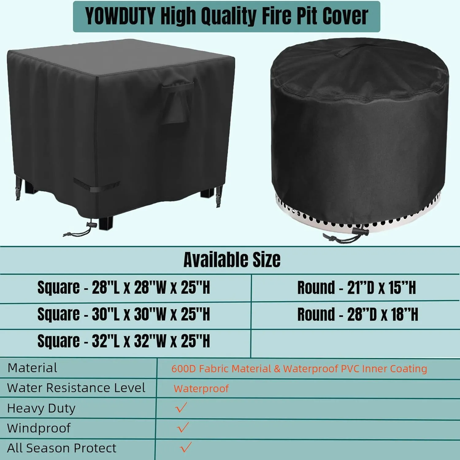Propane Fire Pit Cover Square 30 Inch, Waterproof Heavy Duty 600D Gas Fire Pit Table Cover 30 x 30 x 25 Inch, Fit 28-30 Inch Firepit Table, All-weather Protection For Patio Fire Table