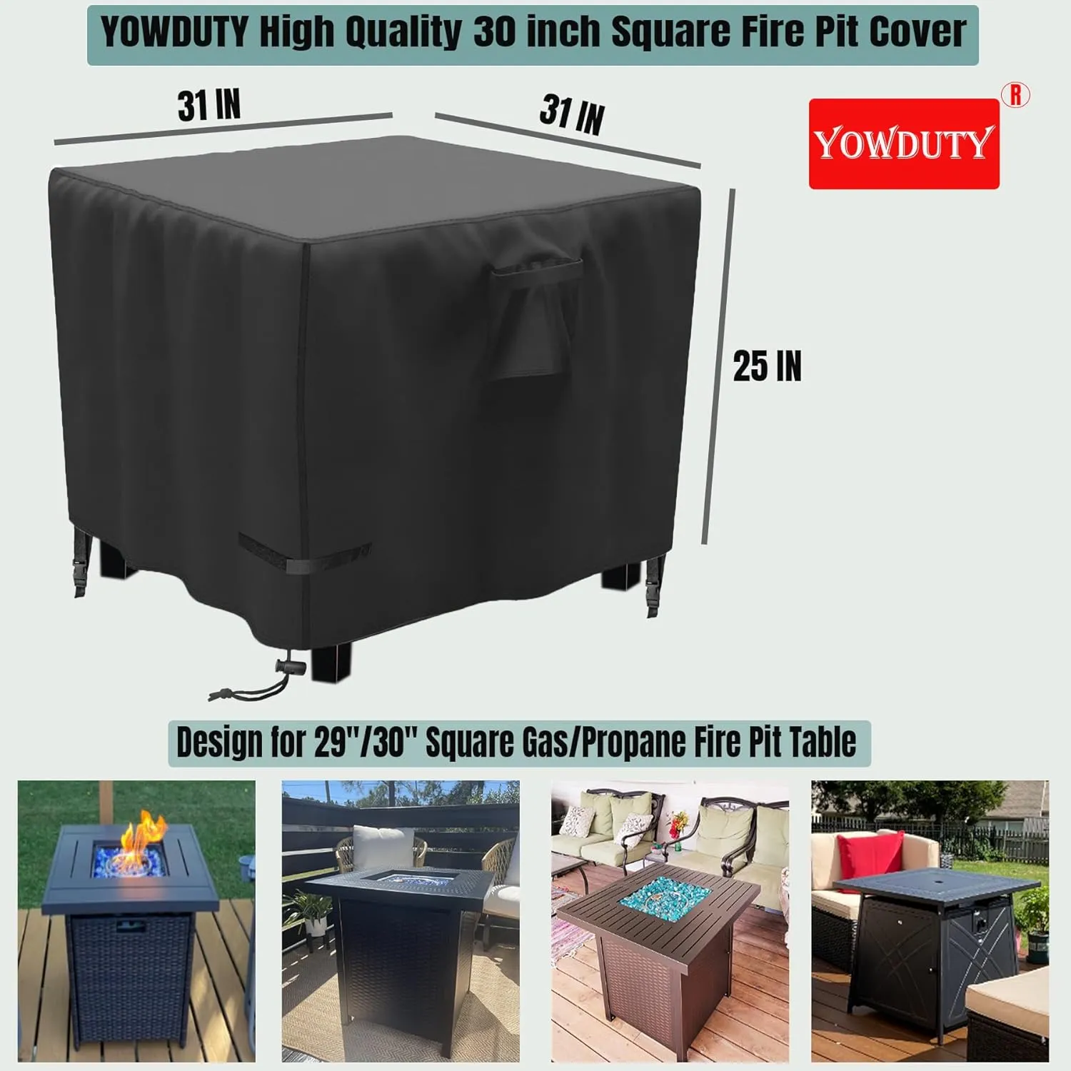 Propane Fire Pit Cover Square 30 Inch, Waterproof Heavy Duty 600D Gas Fire Pit Table Cover 30 x 30 x 25 Inch, Fit 28-30 Inch Firepit Table, All-weather Protection For Patio Fire Table