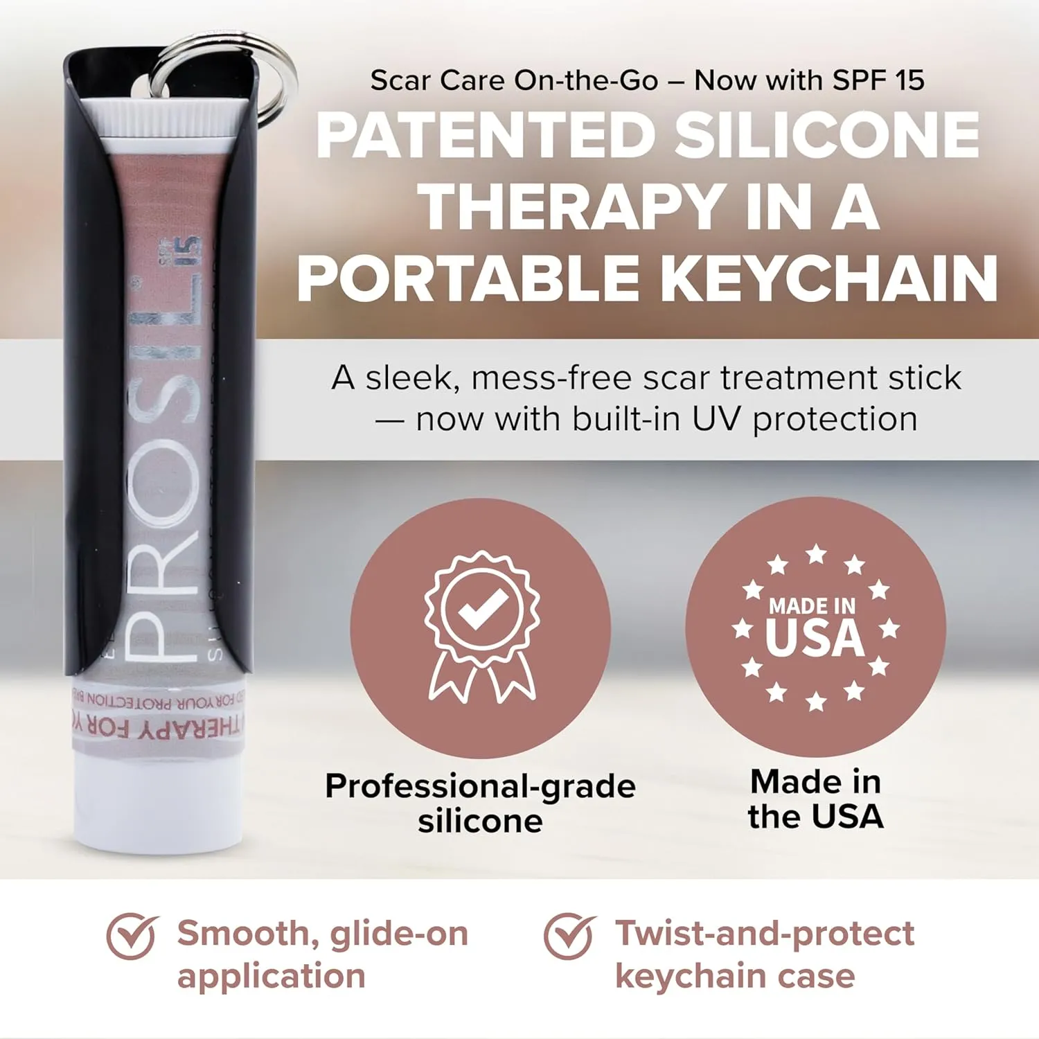 ProSil Elite Carry with SPF 15 – Patented Scar Treatment in a Portable Keychain – Smooth Glide-On, Professional-Grade Silicone Scar Stick - Mess-Free, Travel-Friendly & Lightweight – Rose Gold Sleeve
