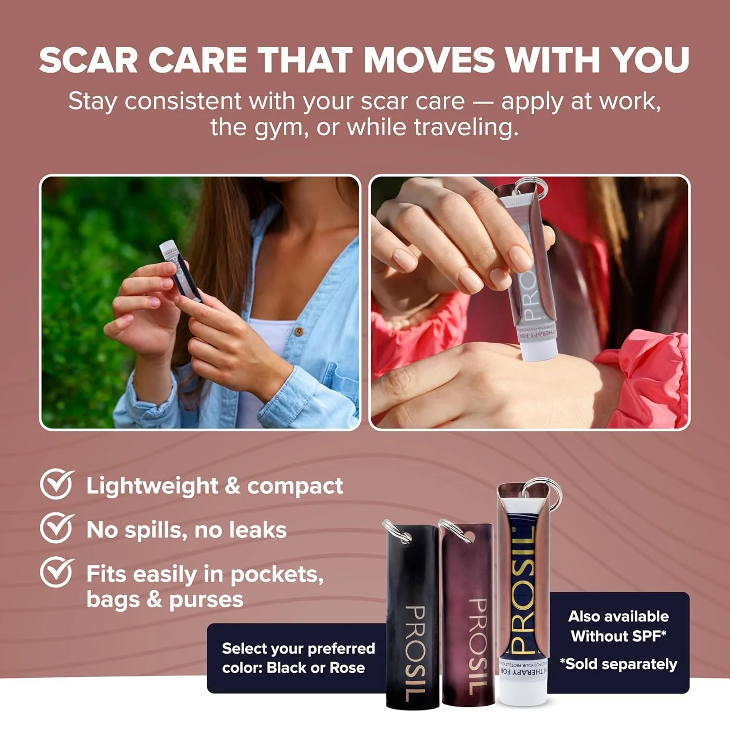 ProSil Elite Carry with SPF 15 – Patented Scar Treatment in a Portable Keychain – Smooth Glide-On, Professional-Grade Silicone Scar Stick - Mess-Free, Travel-Friendly & Lightweight – Rose Gold Sleeve