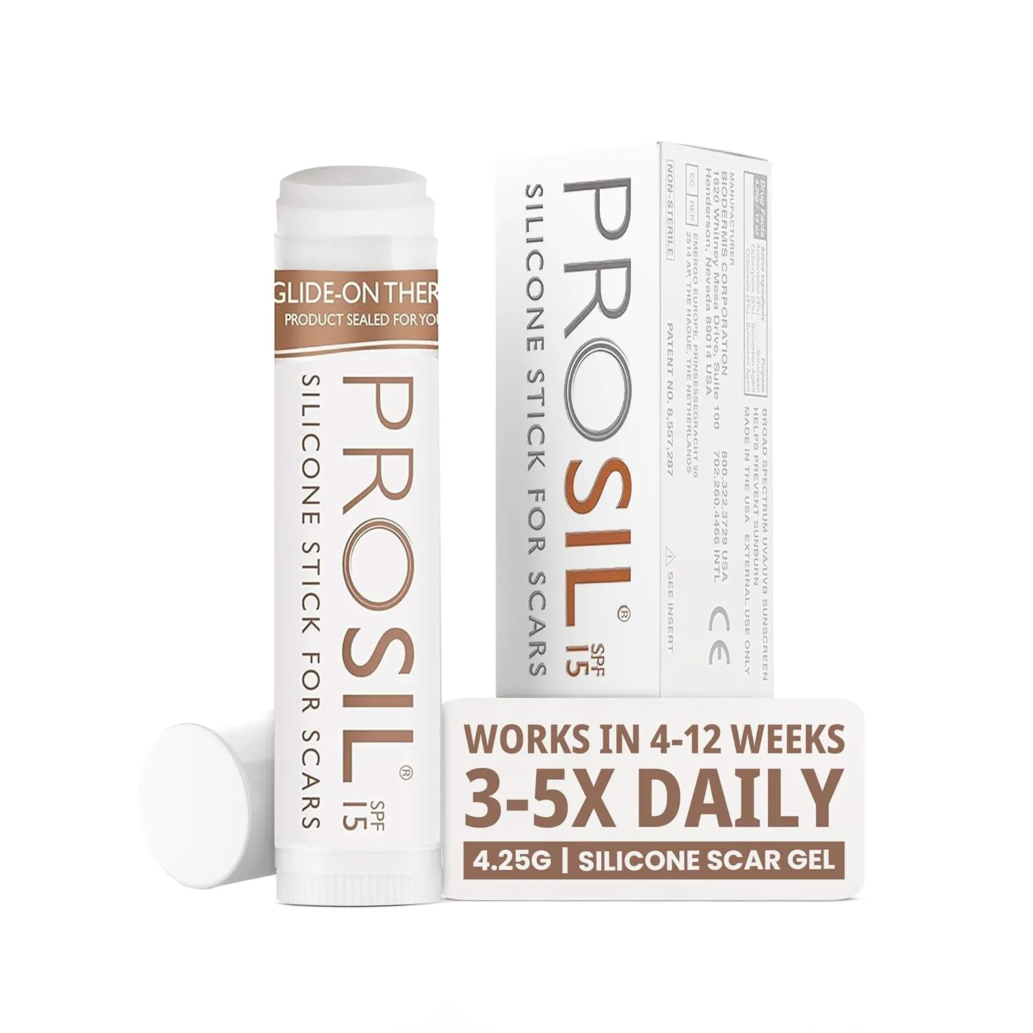 ProSil Silicone Scar Gel Stick with SPF 15 – Patented Scar Treatment in a Mess-Free, Compact Glide-On Stick - Made from Premium-Grade Silicone - Gentle on All Skin Types, Including Kids 4.25g