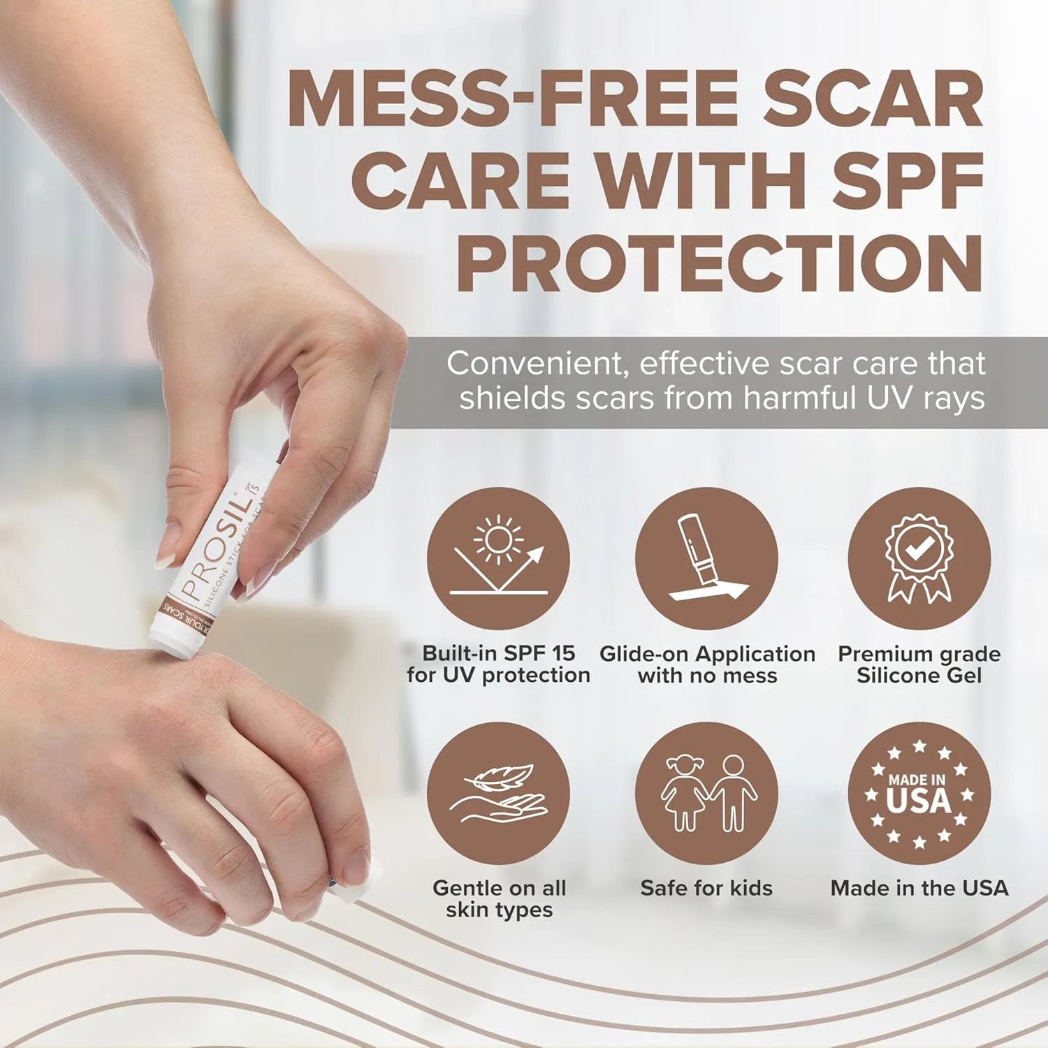 ProSil Silicone Scar Gel Stick with SPF 15 – Patented Scar Treatment in a Mess-Free, Compact Glide-On Stick - Made from Premium-Grade Silicone - Gentle on All Skin Types, Including Kids 4.25g