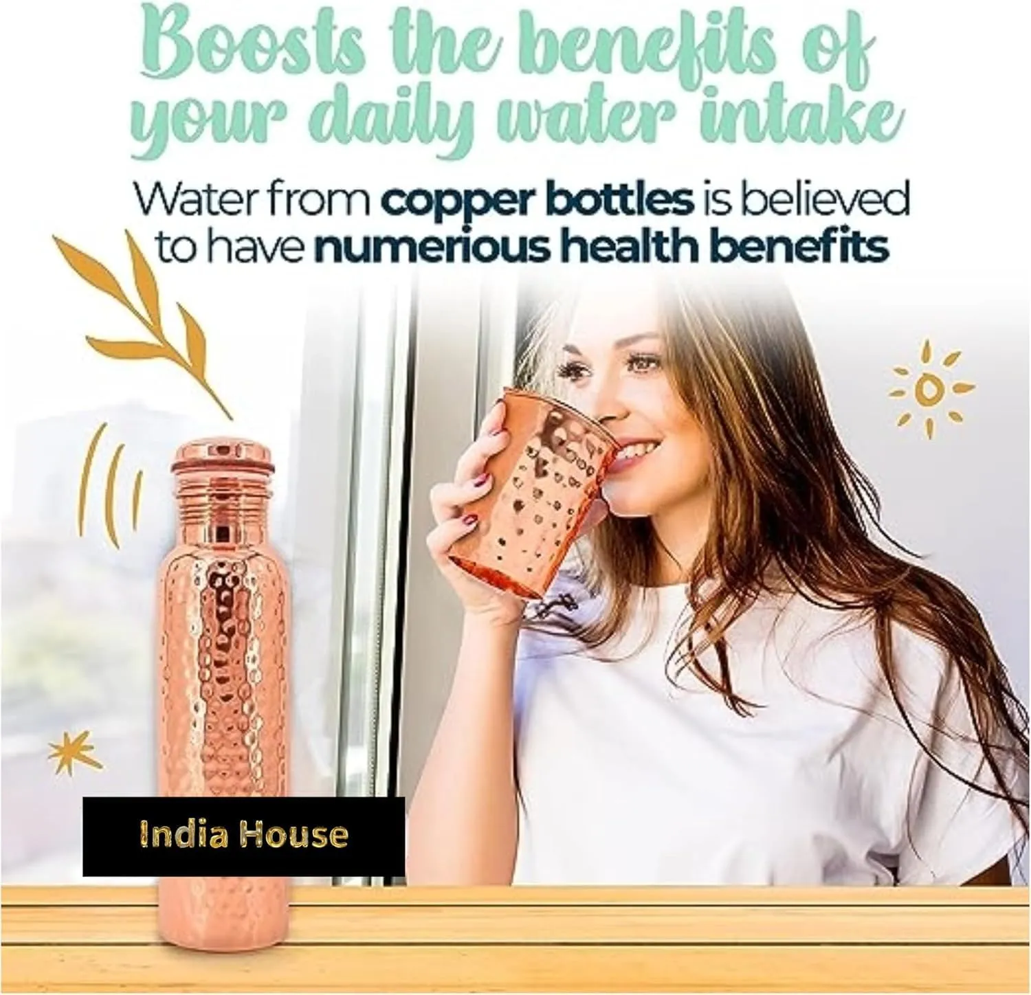 Pure Copper Water Bottle Drinking Set - Hammered Bottle with Two Glasses, Straws & Coasters | 32oz Ayurvedic Gym Yoga Vessel with Leakproof Lid