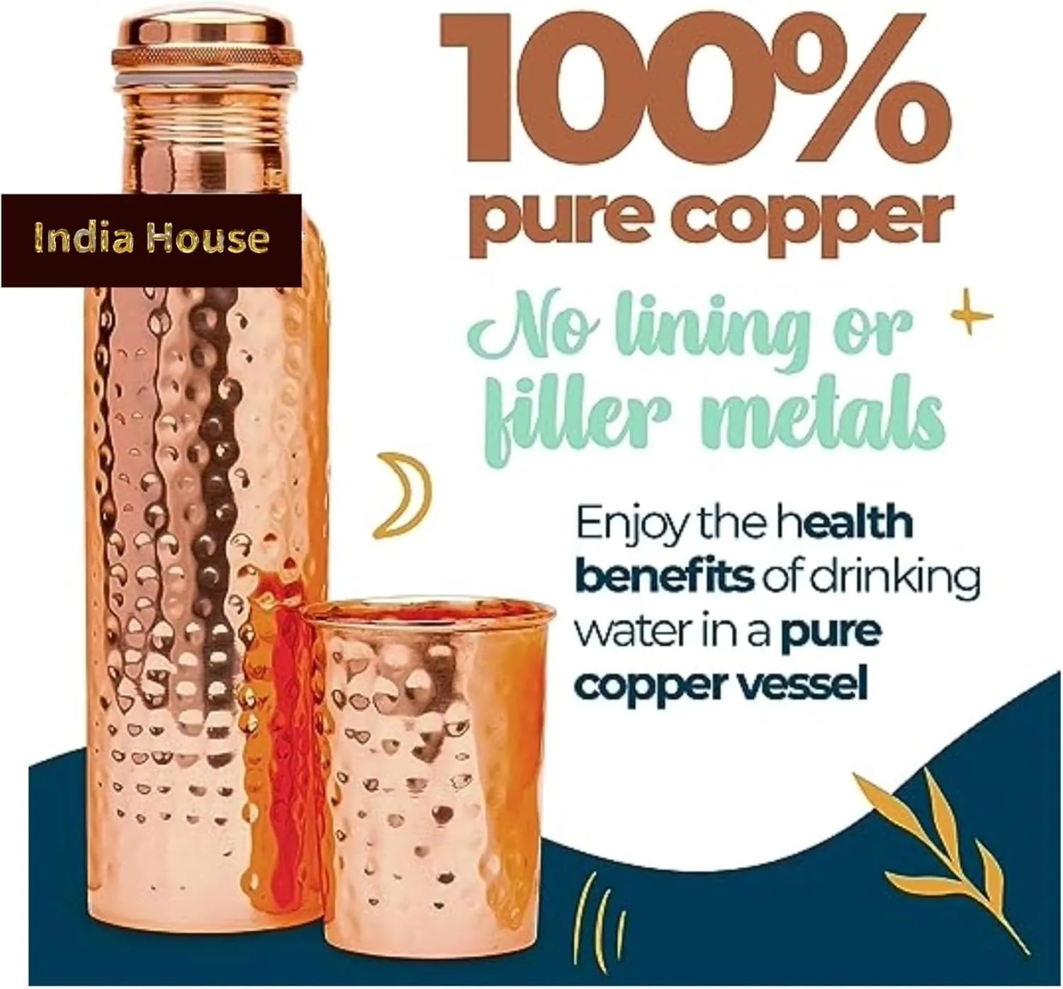 Pure Copper Water Bottle Drinking Set - Hammered Bottle with Two Glasses, Straws & Coasters | 32oz Ayurvedic Gym Yoga Vessel with Leakproof Lid