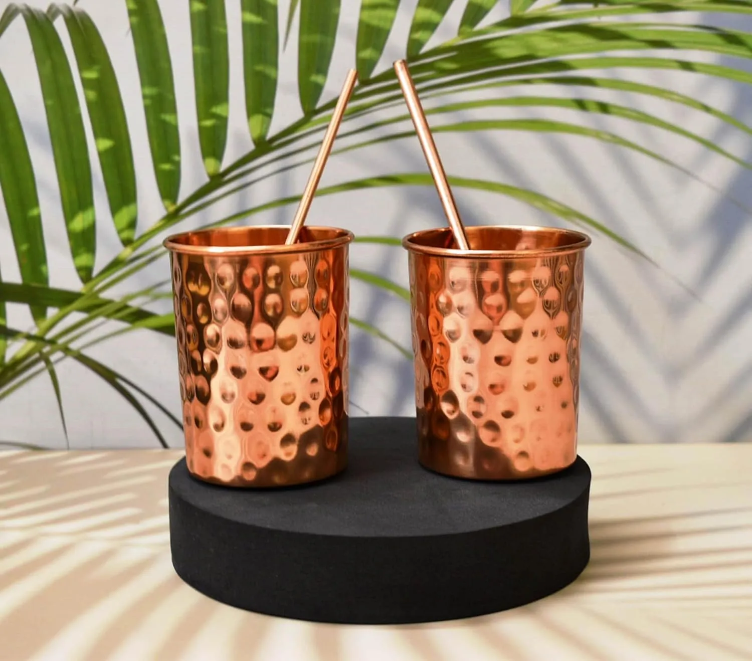 Pure Copper Water Bottle Drinking Set - Hammered Bottle with Two Glasses, Straws & Coasters | 32oz Ayurvedic Gym Yoga Vessel with Leakproof Lid