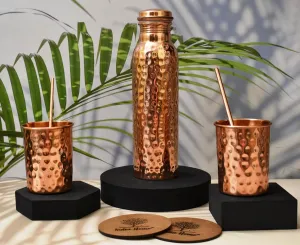 Pure Copper Water Bottle Drinking Set - Hammered Bottle with Two Glasses, Straws & Coasters | 32oz Ayurvedic Gym Yoga Vessel with Leakproof Lid