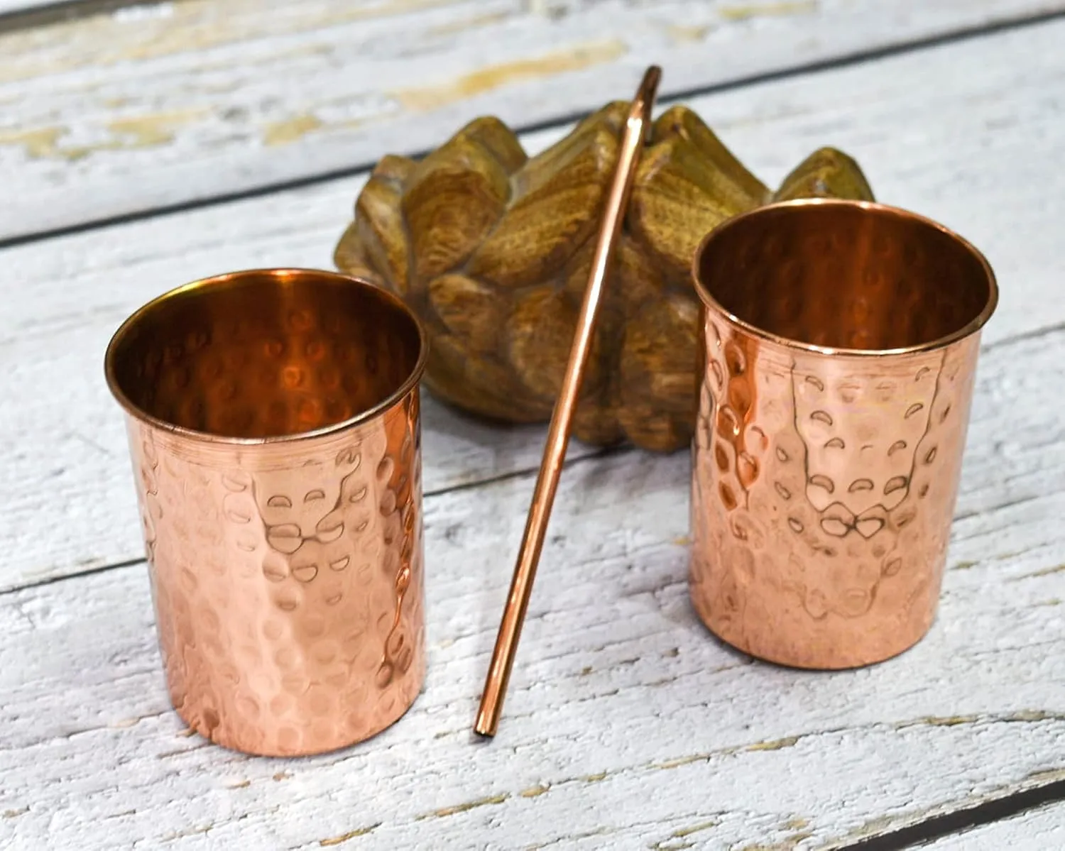 Pure Copper Water Bottle Drinking Set - Hammered Bottle with Two Glasses, Straws & Coasters | 32oz Ayurvedic Gym Yoga Vessel with Leakproof Lid
