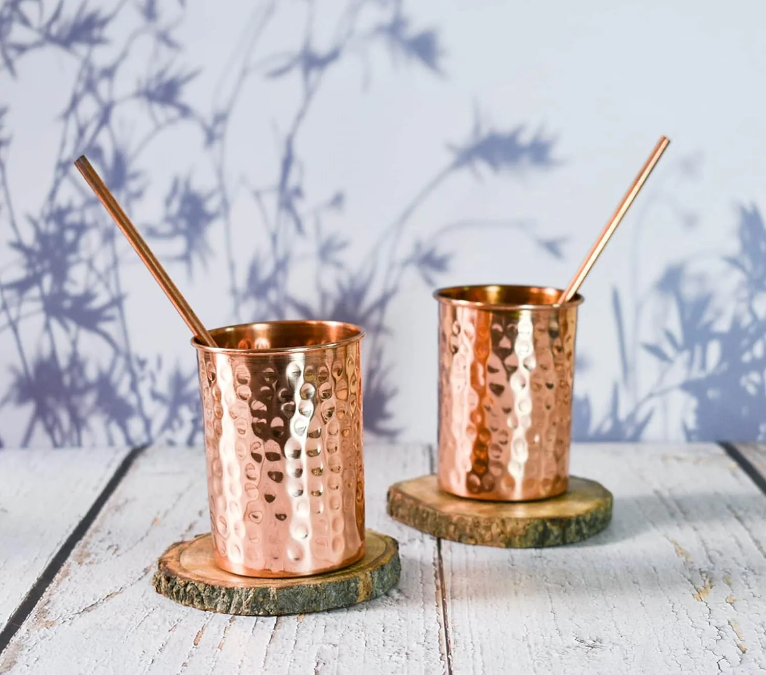 Pure Copper Water Bottle Drinking Set - Hammered Bottle with Two Glasses, Straws & Coasters | 32oz Ayurvedic Gym Yoga Vessel with Leakproof Lid