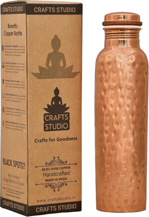 Pure Copper Water Bottle, Hammered Design Leak-Proof Wide Mouth Large Water Bottle, Ayurvedic Pure Copper Vessel for Drinking (34 Oz/1L)