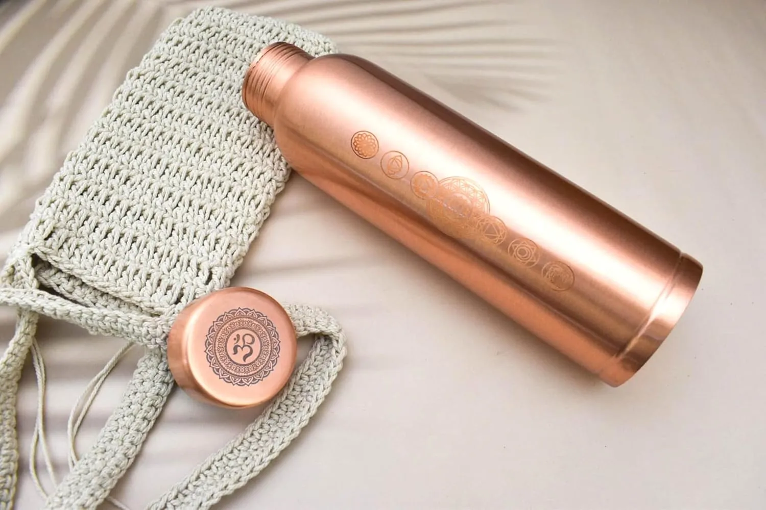 Pure Copper Water Bottle - Seamless Leakproof Water Bottle, Seven Chakra Engraved Ayurvedic Copper Bottle, 1 Litre Metal Water Bottle for Drinking, Includes Carry Bag