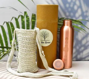 Pure Copper Water Bottle - Seamless Leakproof Water Bottle, Seven Chakra Engraved Ayurvedic Copper Bottle, 1 Litre Metal Water Bottle for Drinking, Includes Carry Bag