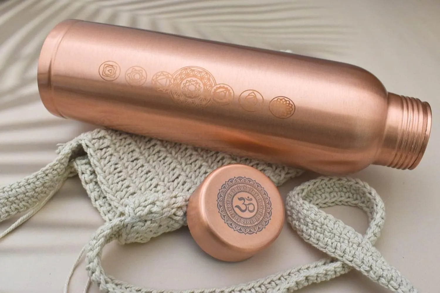 Pure Copper Water Bottle - Seamless Leakproof Water Bottle, Seven Chakra Engraved Ayurvedic Copper Bottle, 1 Litre Metal Water Bottle for Drinking, Includes Carry Bag