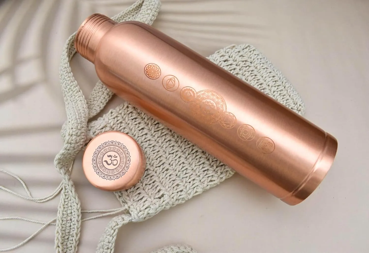Pure Copper Water Bottle - Seamless Leakproof Water Bottle, Seven Chakra Engraved Ayurvedic Copper Bottle, 1 Litre Metal Water Bottle for Drinking, Includes Carry Bag