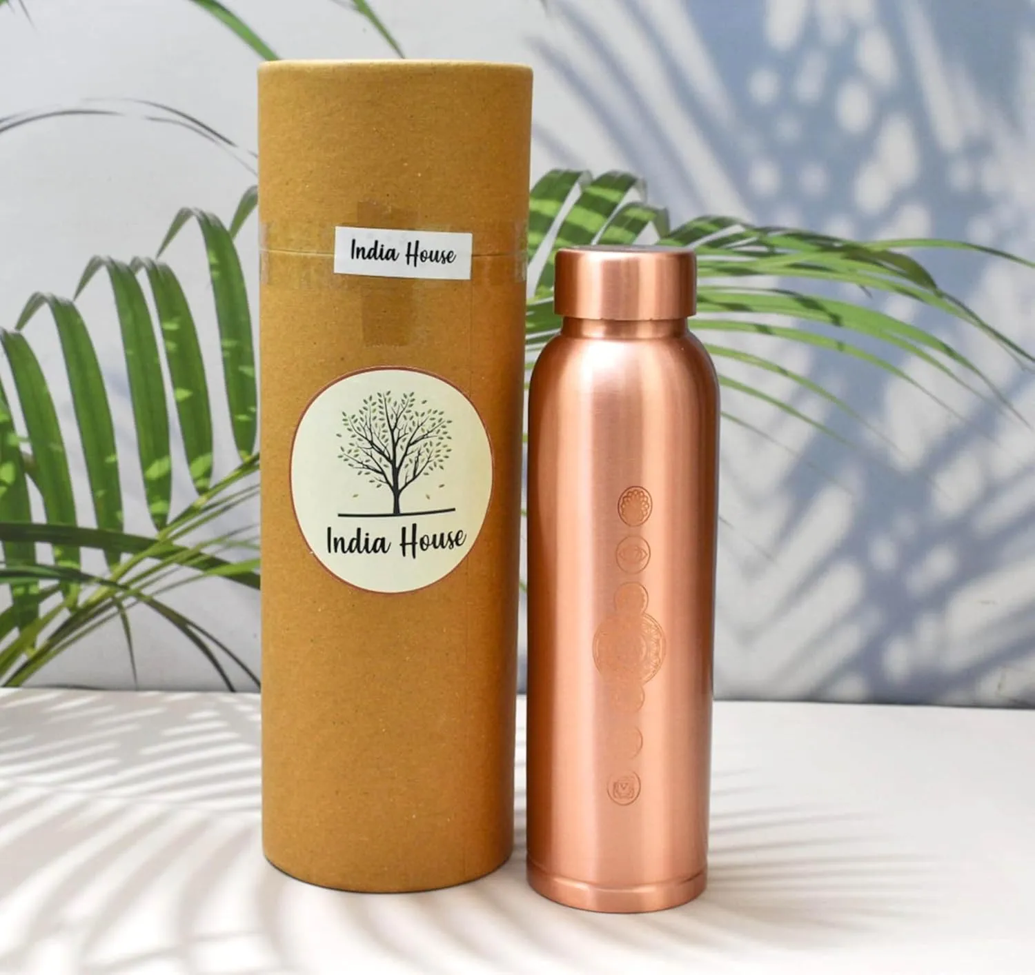 Pure Copper Water Bottle - Seamless Leakproof Water Bottle, Seven Chakra Engraved Ayurvedic Copper Bottle, 1 Litre Metal Water Bottle for Drinking, Includes Carry Bag