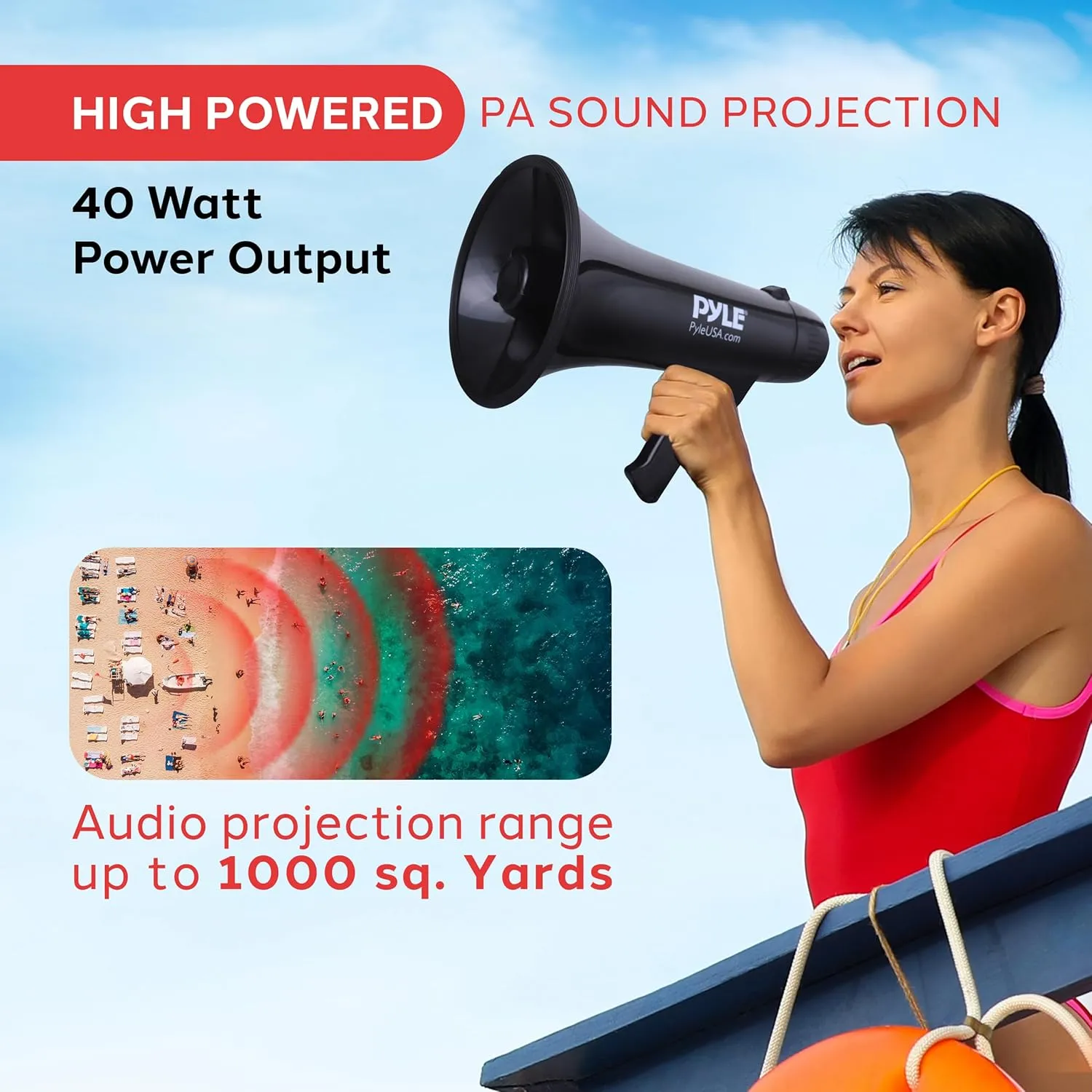 Pyle Megaphone Speaker PA Bullhorn Built-in Siren - Adjustable Volume Control & 1200Yard Range - for Football, Soccer, Baseball, Hockey & Basketball Cheerleading Fans & Coaches or for Safety Drills