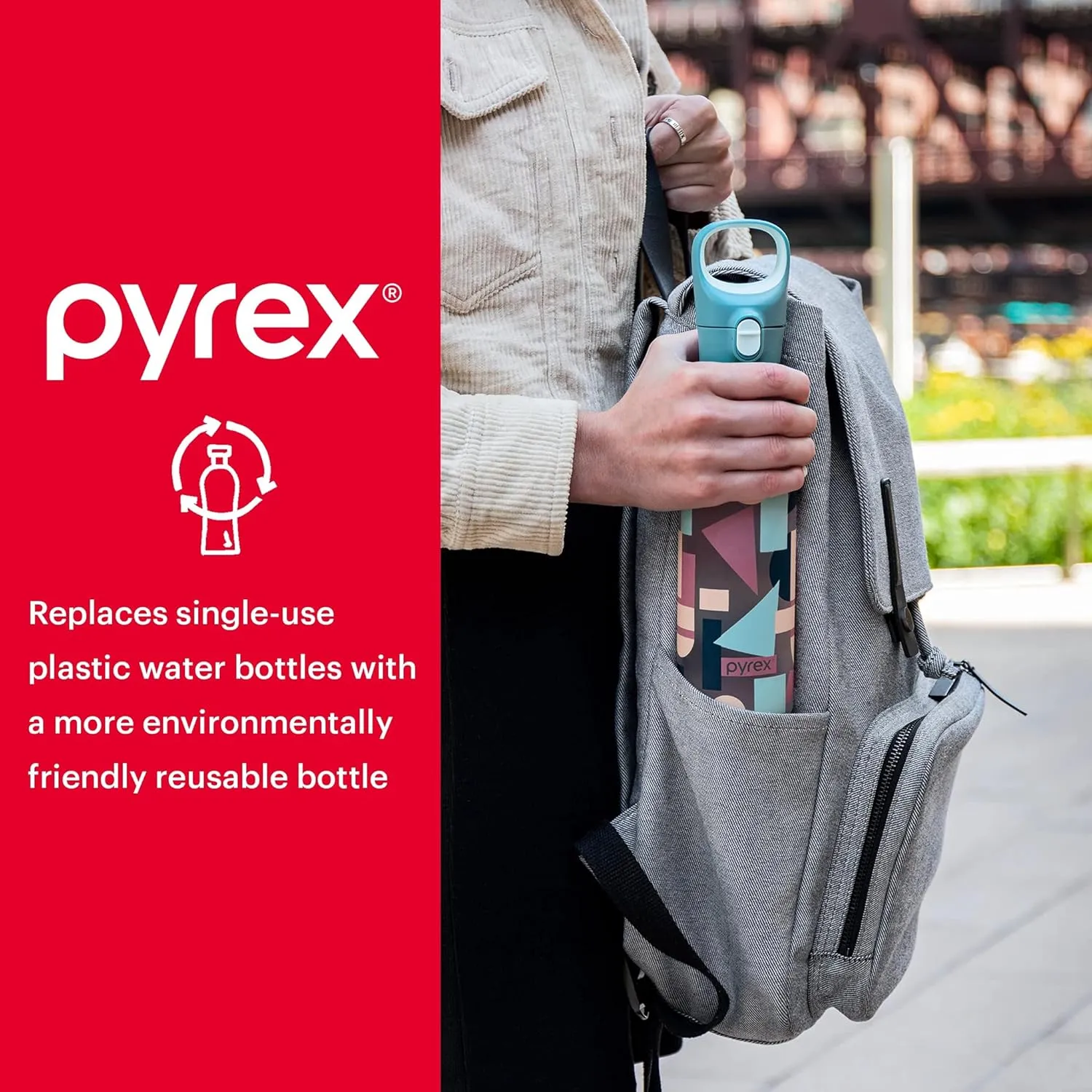 Pyrex 17.5-Oz Color Changing Glass Water Bottle with Silicone Coating, Leakproof and Textured Glass Reusable Water Bottle, Eco-Friendly, BPA-Free Silicone Coating, Abstract Motion