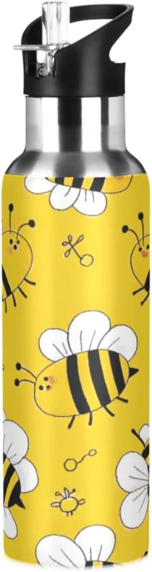 Qilmy Cute Bees Sport Water Bottle with Straw Lid Double Wall Vacuum Insulated Flask Stainless Steel Water Bottle 20 oz