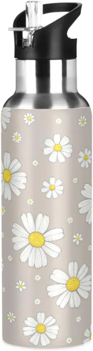 Qilmy Daisy Sport Water Bottle with Straw Lid Double Wall Vacuum Insulated Flask Stainless Steel Water Bottle 20 oz