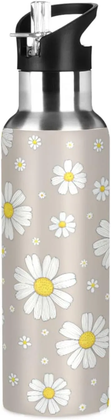 Qilmy Daisy Sport Water Bottle with Straw Lid Double Wall Vacuum Insulated Flask Stainless Steel Water Bottle 20 oz